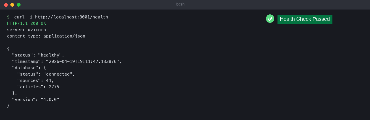 Health endpoint returning HTTP 200 and a healthy JSON payload