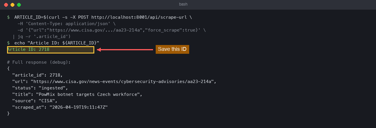 Scrape response showing the captured article_id value