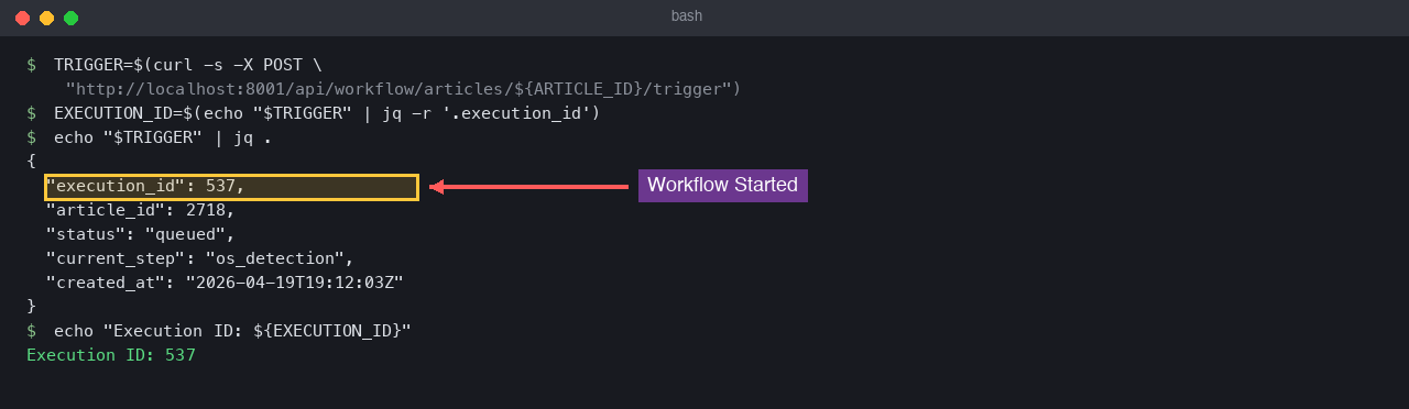Trigger response with execution_id and queued status