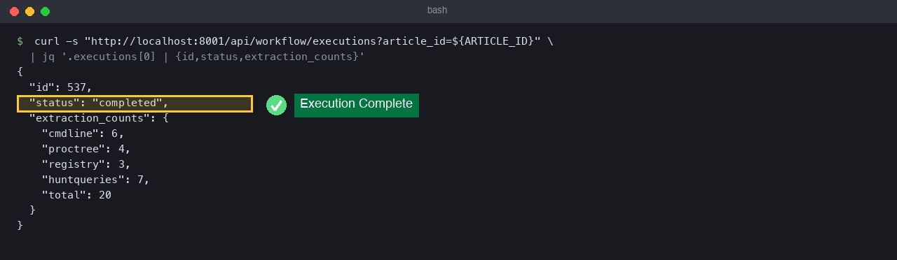 Status check showing completed execution and per-extractor counts
