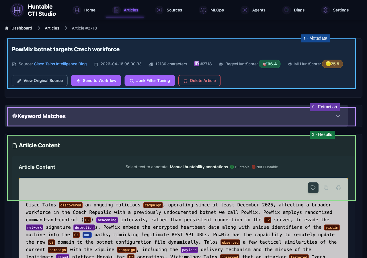 Article detail page with metadata, extraction, and content sections