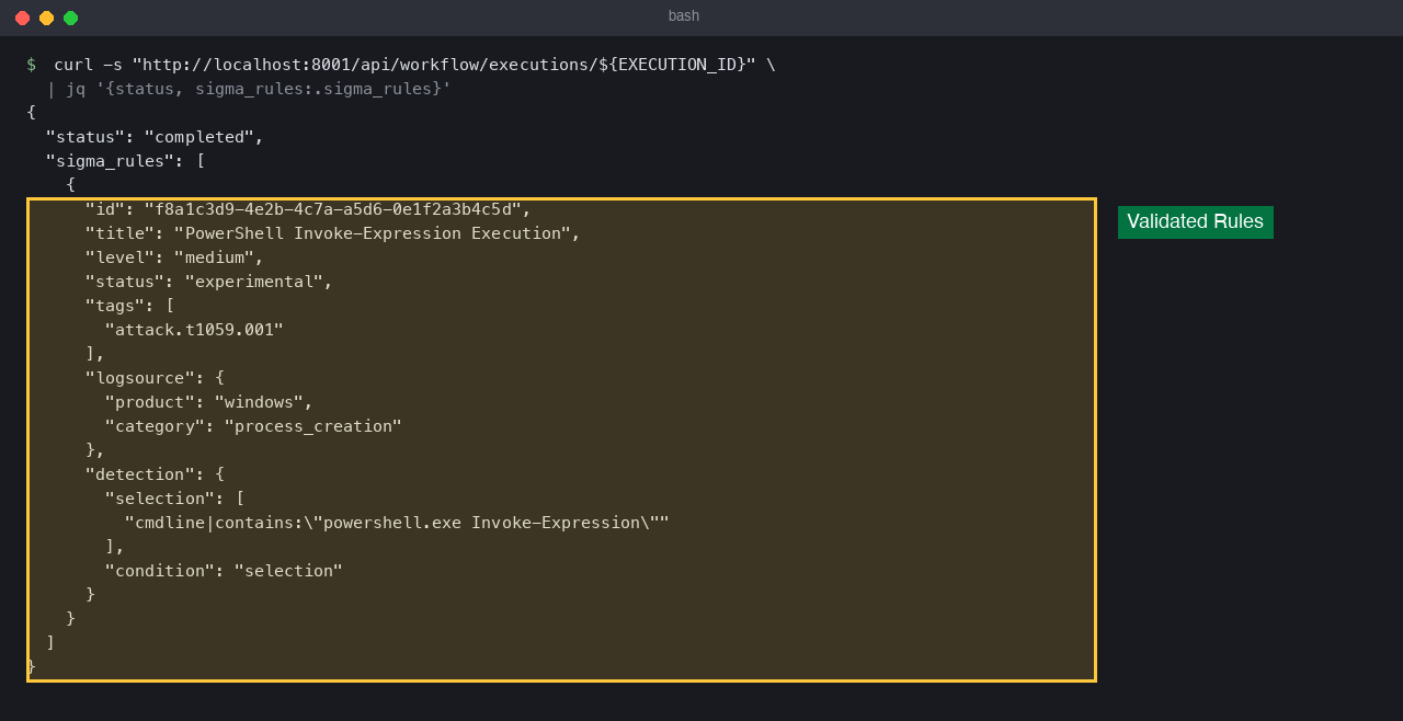 API response showing the validated sigma_rules array