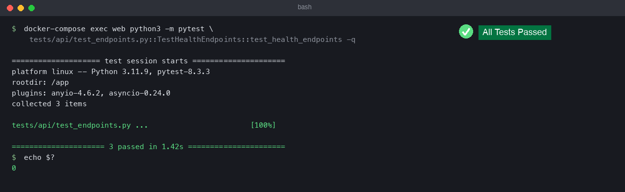 pytest output with all health endpoint tests passing