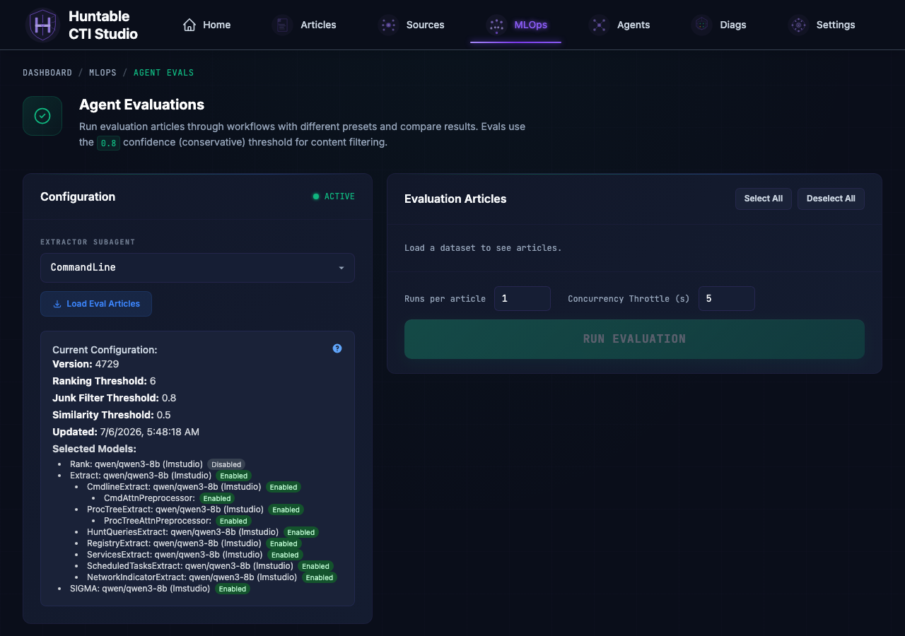 Agent Evals page with configuration panel, active preset, and run controls